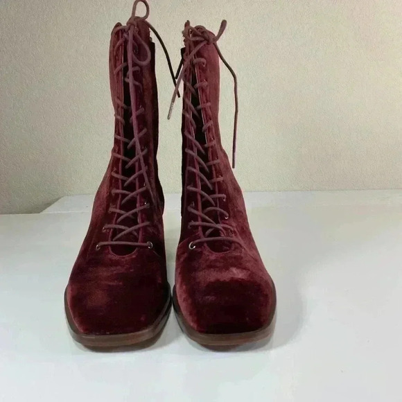 Sam Edelman Westie Brick Velvet 7.5 Chunky Heel Squared Toe Lace Up Boots - Picture 3 of 10